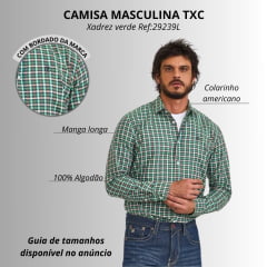 Camisa Masculina TXC Manga Longa Xadrez Verde Slim Tafeta Com Bordado Logo Pequeno Azul Ref:29249L