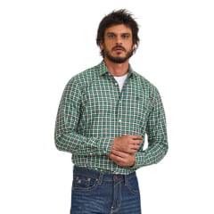 Camisa Masculina TXC Manga Longa Xadrez Verde Slim Tafeta Com Bordado Logo Pequeno Azul Ref:29249L