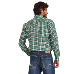 Camisa Masculina TXC Manga Longa Xadrez Verde Slim Tafeta Com Bordado Logo Pequeno Azul Ref:29249L
