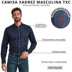 Camisa Masculina TXC Oxford Manga Longa Azul Marinho Bolso Logo Vermelho Ref:29140L