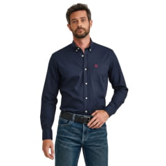 Camisa Masculina TXC Oxford Manga Longa Azul Marinho Bolso Logo Vermelho Ref:29140L