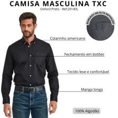 Camisa Masculina TXC Oxford Manga Longa Preto Logo Preto Ref:29140L