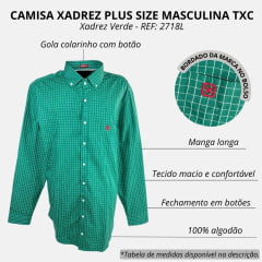 Camisa Masculina TXC Plus Size Manga Longa Xadrez Verde E Branco Com Logo Bordada Em Vermelho REF: 2718L