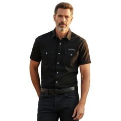 Camisa Masculina TXC RAM Sarja Preto Manga Curta Bolsos Botões De Pressão Logo Aplicado - REF:RAM29223C Camisa Masculina TXC RAM Sarja Preto Manga Curta Bolsos Botões De Pressão Logo Aplicado - REF:RAM29223C