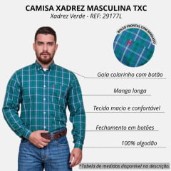 Camisa Masculina TXC Regular Custom M. Longa Xadrez Verde/Azul Com Logo Bordada Em Vermelho REF: 29177L