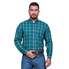 Camisa Masculina TXC Regular Custom M. Longa Xadrez Verde/Azul Com Logo Bordada Em Vermelho REF: 29177L