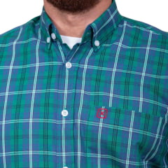 Camisa Masculina TXC Regular Custom M. Longa Xadrez Verde/Azul Com Logo Bordada Em Vermelho REF: 29177L