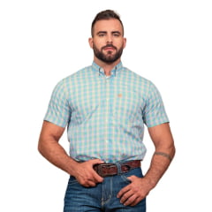 Camisa Masculina TXC Regular Custom Manga Curta Xadrez Azul/Laranja Com Logo Bordada Em Laranja REF: 29189C