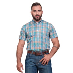 Camisa Masculina TXC Regular Custom Manga Curta Xadrez Azul/Verde/Laranja Com Logo Bordada Em Laranja REF: 29192C