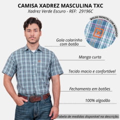 Camisa Masculina TXC Regular Custom Manga Curta Xadrez Verde Escuro/Branco/Laranja C/ Logo Bordada Em Laranja REF:29196C