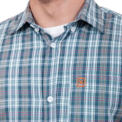 Camisa Masculina TXC Regular Custom Manga Curta Xadrez Verde Escuro/Branco/Laranja C/ Logo Bordada Em Laranja REF:29196C