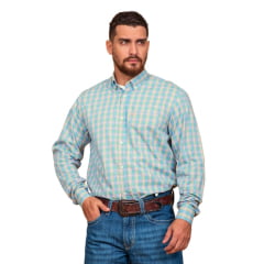 Camisa Masculina TXC Regular Custom Manga Longa Xadrez Azul/Laranja Com Logo Bordada Em Laranja REF: 29173L