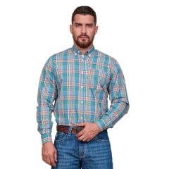 Camisa Masculina TXC Regular Custom Manga Longa Xadrez Azul/Verde/Laranja Com Logo Bordada Em Laranja REF: 29176L