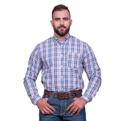 Camisa Masculina TXC Regular Custom Manga Longa Xadrez Rosa Bebê/Azul Marinho Com Logo Bordada Em Bege REF: 29178L