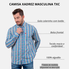 Camisa Masculina TXC Regular Custom Regular Manga Longa Xadrez Azul/Verde Com Logo Bordada Em Vermelho Ref.29124 L