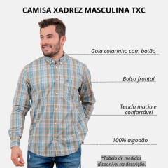 Camisa Masculina TXC Regular Custom Regular Manga Longa Xadrez Verde Militar/Azul Com Logo Bordada Em Azul Ref.29125 L