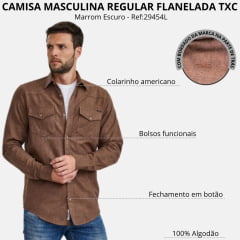 Camisa Masculina TXC Regular Manga Longa Flanelada Marrom Escuro Ref:29454L