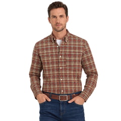 Camisa Masculina TXC Regular Oxford Manga Longa Xadrez Laranja Escuro Listras Branco Bordado Vermelho Ref:29746L