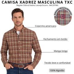 Camisa Masculina TXC Regular Oxford Manga Longa Xadrez Laranja Escuro Listras Branco Bordado Vermelho Ref:29746L