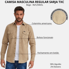 Camisa Masculina TXC Regular Sarja Manga Longa Bege Escuro Logo Aplicado Branco/Preto Ref:29465L