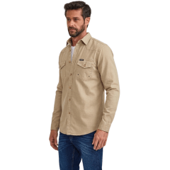 Camisa Masculina TXC Regular Sarja Manga Longa Bege Escuro Logo Aplicado Branco/Preto Ref:29465L