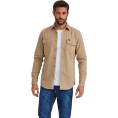 Camisa Masculina TXC Regular Sarja Manga Longa Bege Escuro Logo Aplicado Branco/Preto Ref:29465L