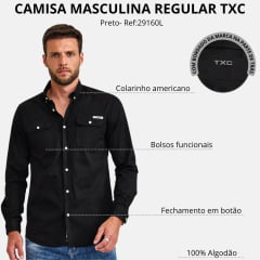 Camisa Masculina TXC Regular Sarja Preto Manga Longa Logo Pequeno Ref:29160L