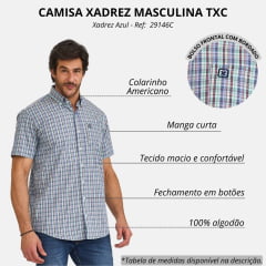 Camisa Masculina TXC Regular Tricoline Xadrez Azul/Verde/Vermelho Manga Curta REF: 29146C