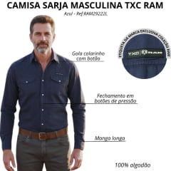 Camisa Masculina TXC RAM Tecido Sarja Azul Marinho Manga Longa Logo Aplicado - Ref: RAM29222L