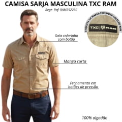 Camisa Masculina TXC RAM Sarja Bege Manga Curta Bolsos Botões De Pressão Logo Aplicado - REF:RAM29223C