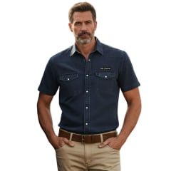 Camisa Masculina TXC RAM Sarja Marinho Manga Curta Botões De Pressão Logo Aplicado - REF:RAM29223C