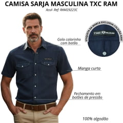 Camisa Masculina TXC RAM Sarja Marinho Manga Curta Botões De Pressão Logo Aplicado - REF:RAM29223C