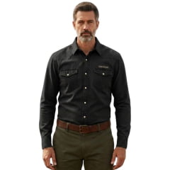 Camisa Masculina TXC RAM Tecido Sarja Preto Manga Longa Bolsos Botões De Pressão Logo Aplicado - Ref: RAM29222L