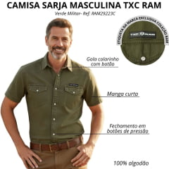 Camisa Masculina TXC RAM Sarja Verde Militar Manga Curta Bolsos Botões De Pressão Logo Aplicado - REF:RAM29223C