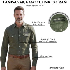 Camisa Masculina TXC RAM Tecido Sarja Verde Militar Manga Longa Bolsos E Botões Logo Aplicado - Ref: RAM29222L