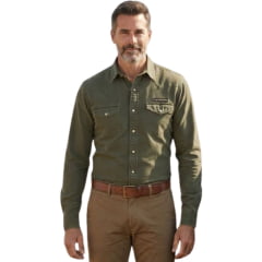 Camisa Masculina TXC RAM Tecido Sarja Verde Militar Manga Longa Bolsos E Botões Logo Aplicado - Ref: RAM29222L