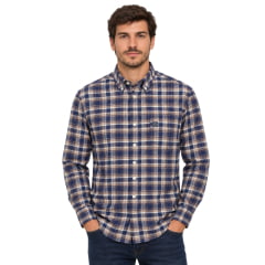Camisa Masculina TXC Tricoline Regular Manga Longa Xadrez Azul Marinho E Ocre Logo Azul 29719L