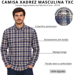 Camisa Masculina TXC Tricoline Regular Manga Longa Xadrez Azul Marinho E Ocre Logo Azul 29719L