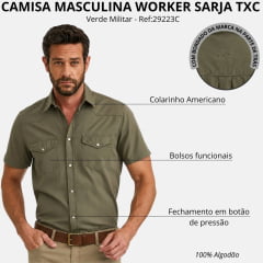 Camisa Masculina TXC Worker Sarja Manga Curta Verde Militar Logo Bordado Ref:29223C