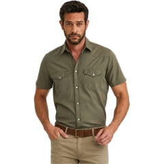 Camisa Masculina TXC Worker Sarja Manga Curta Verde Militar Logo Bordado Ref:29223C