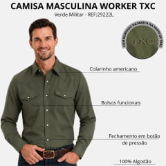 Camisa Masculina TXC Worker Sarja Manga Longa Verde Militar Logo Bordado Ref:29222L