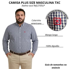 Camisa Masculina TXC X Size Manga Longa Xadrez Azul E Branco Bordada Com Logo Vermelho Ref:2705LP