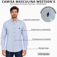 Camisa Masculina Westson's Manga Longa Amer Classic Horseman Azul Claro Logo Marinho Ref:WSA2007