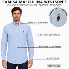 Camisa Masculina Westson's Manga Longa Amer Classic Horseman Color Basic Azul Claro Bordado Colorido Ref:WSA2008