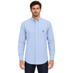 Camisa Masculina Westson's Manga Longa Amer Classic Horseman Color Basic Azul Claro Bordado Colorido Ref:WSA2008