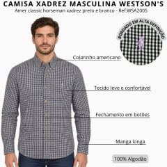 Camisa Masculina Westson's Manga Longa Amer Classic Horseman Xadrez Preto E Branco Logo Lilás Ref:WSA2005