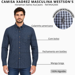 Camisa Masculina Westson's Manga Longa Horseman Xadrez Azul Jeans Logo Preto Ref:WSA2006