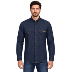 Camisa Masculina Westson's Manga Longa Jeans Azul Escuro Dark Blue Logo Amarelo Ref:WSA2002