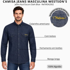 Camisa Masculina Westson's Manga Longa Jeans Azul Escuro Dark Blue Logo Amarelo Ref:WSA2002