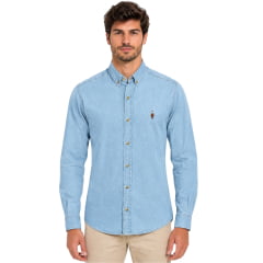 Camisa Masculina Westson's Manga Longa Jeans Horseman Basic Azul Claro Logo Bordado Ref:WSA2001